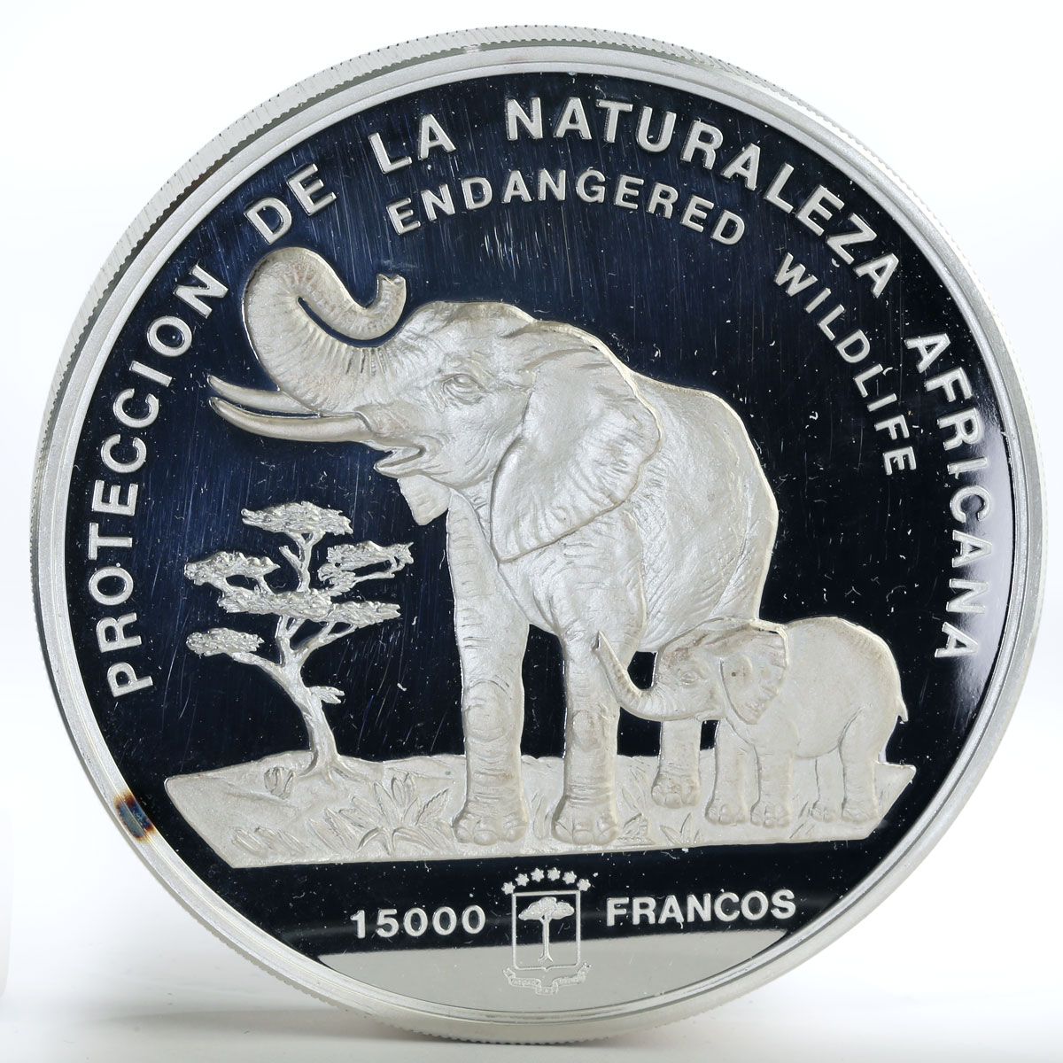 Equatorial Guinea 15000 francs Wildlife Map Elephant mother and calf silver 1992