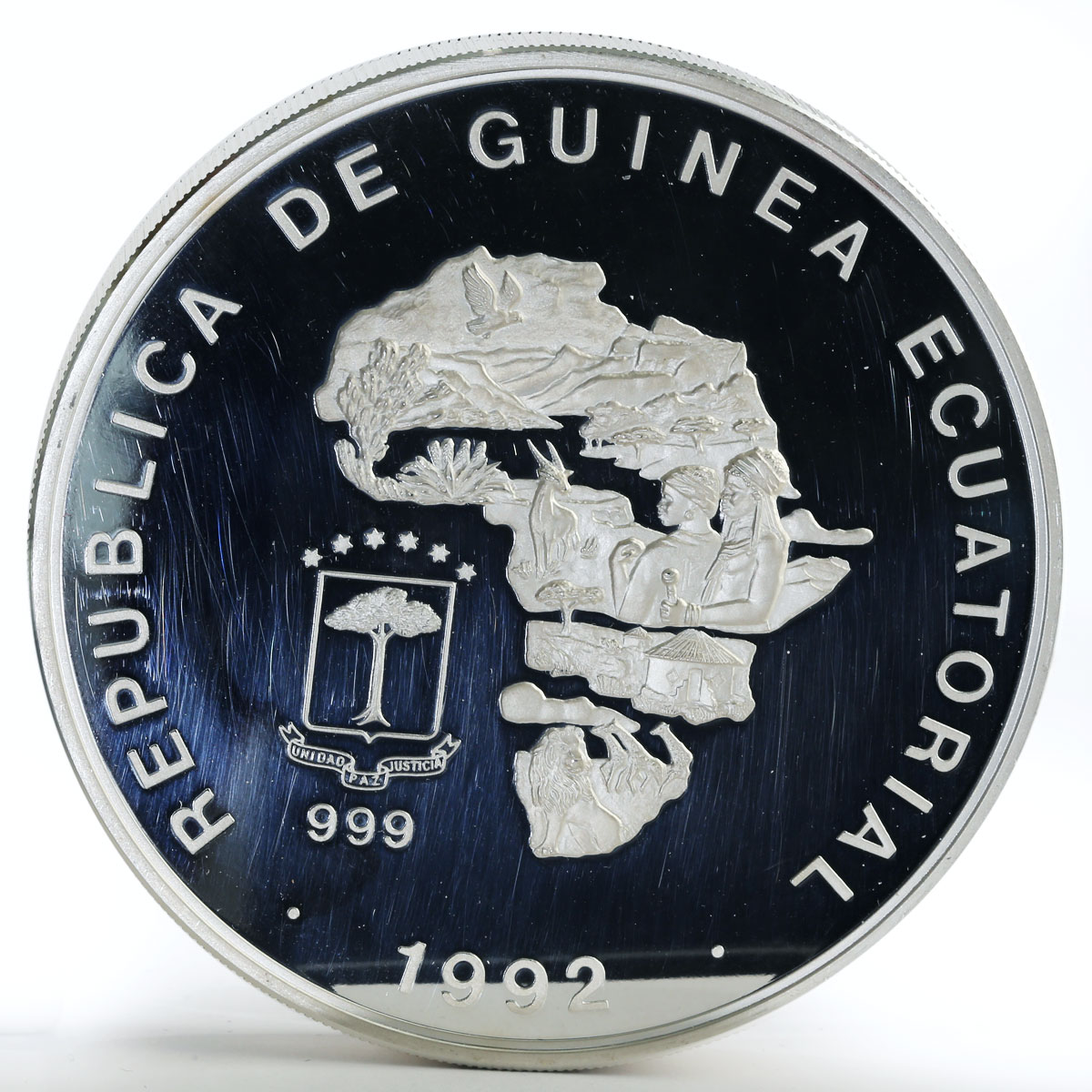 Equatorial Guinea 15000 francs Wildlife Map Elephant mother and calf silver 1992