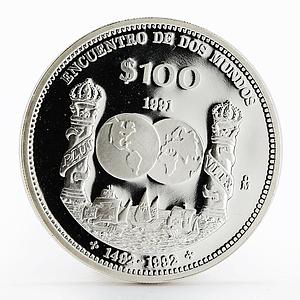 Mexico 100 pesos Ibero-American Encounter of Two Worlds Ships silver coin 1991