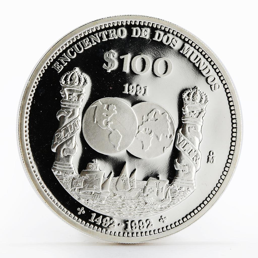 Mexico 100 pesos Ibero-American Encounter of Two Worlds Ships silver coin 1991