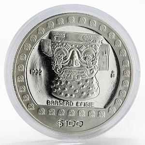 Mexico 100 pesos Precolombina Brasero Efigie Statue silver coin 1992