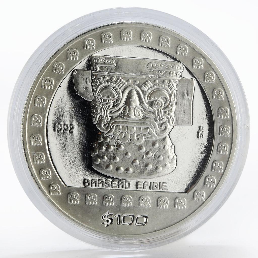Mexico 100 pesos Precolombina Brasero Efigie Statue silver coin 1992