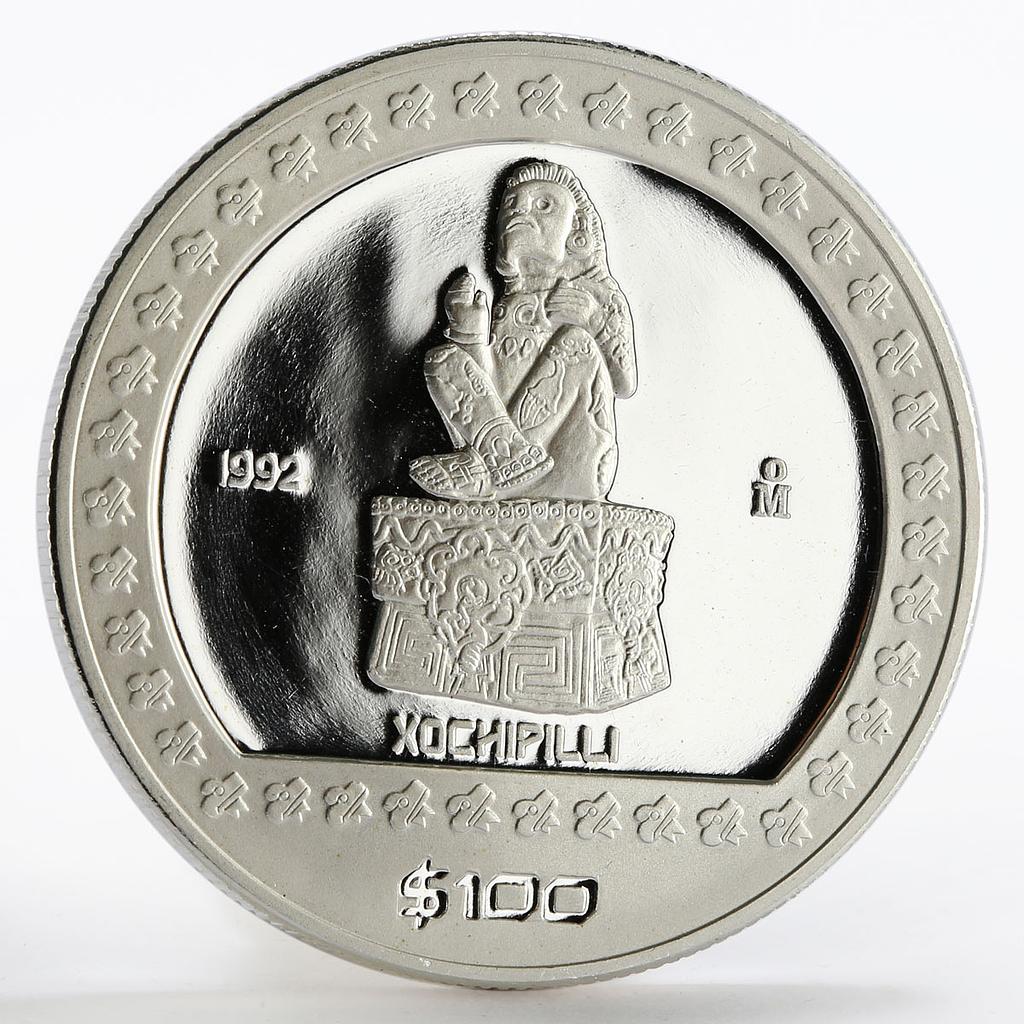 Mexico 100 pesos Seated Sculpture Xochipilli proof silver coin 1992