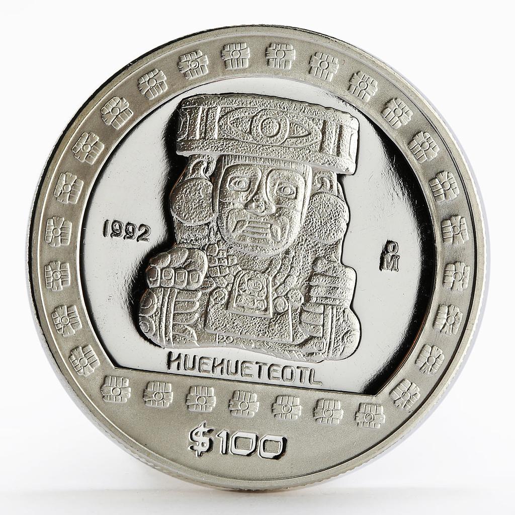 Mexico 100 pesos God of Fire Huehueteotl The Aztek proof silver coin 1992