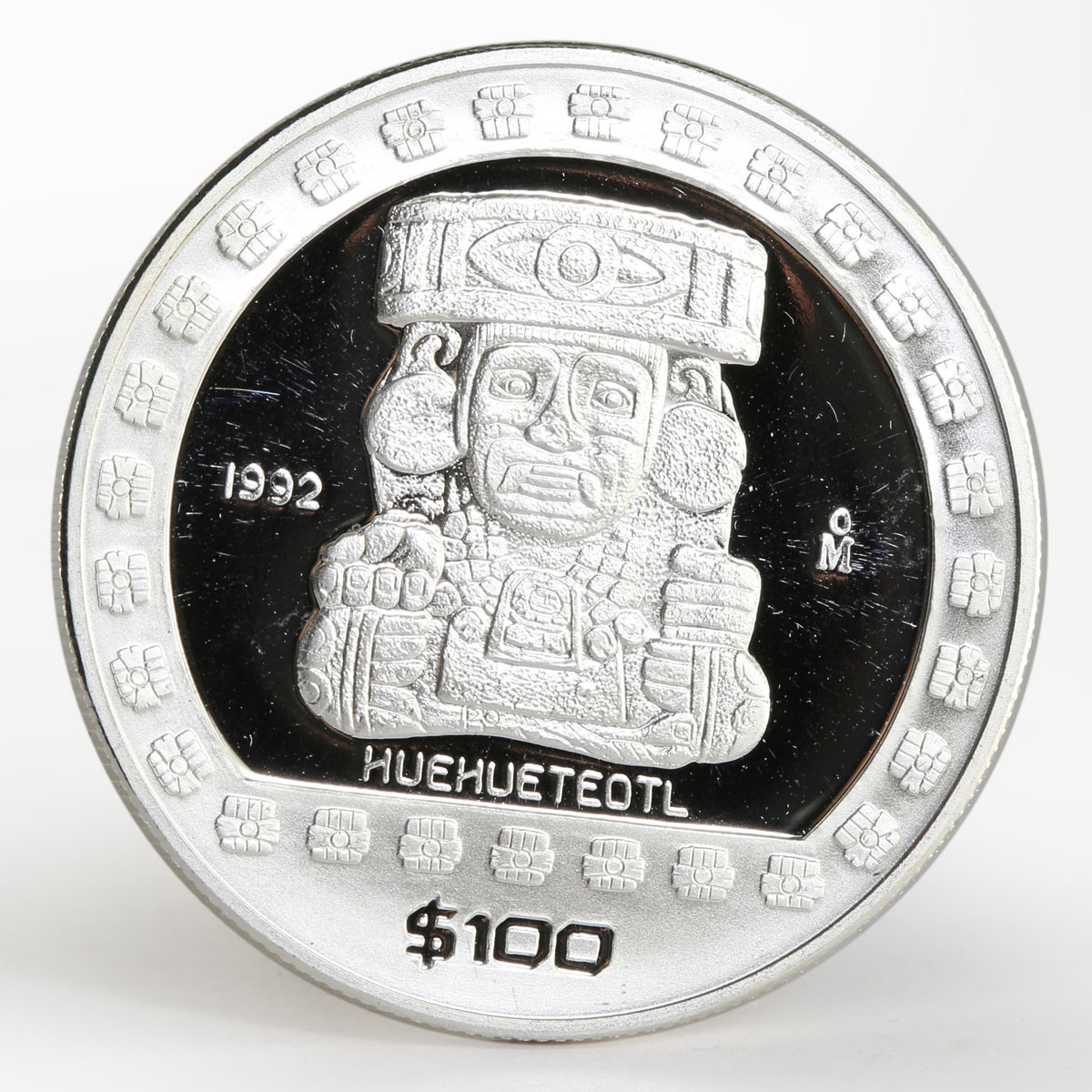 Mexico 100 pesos God of Fire Huehueteotl The Aztek proof silver coin 1992