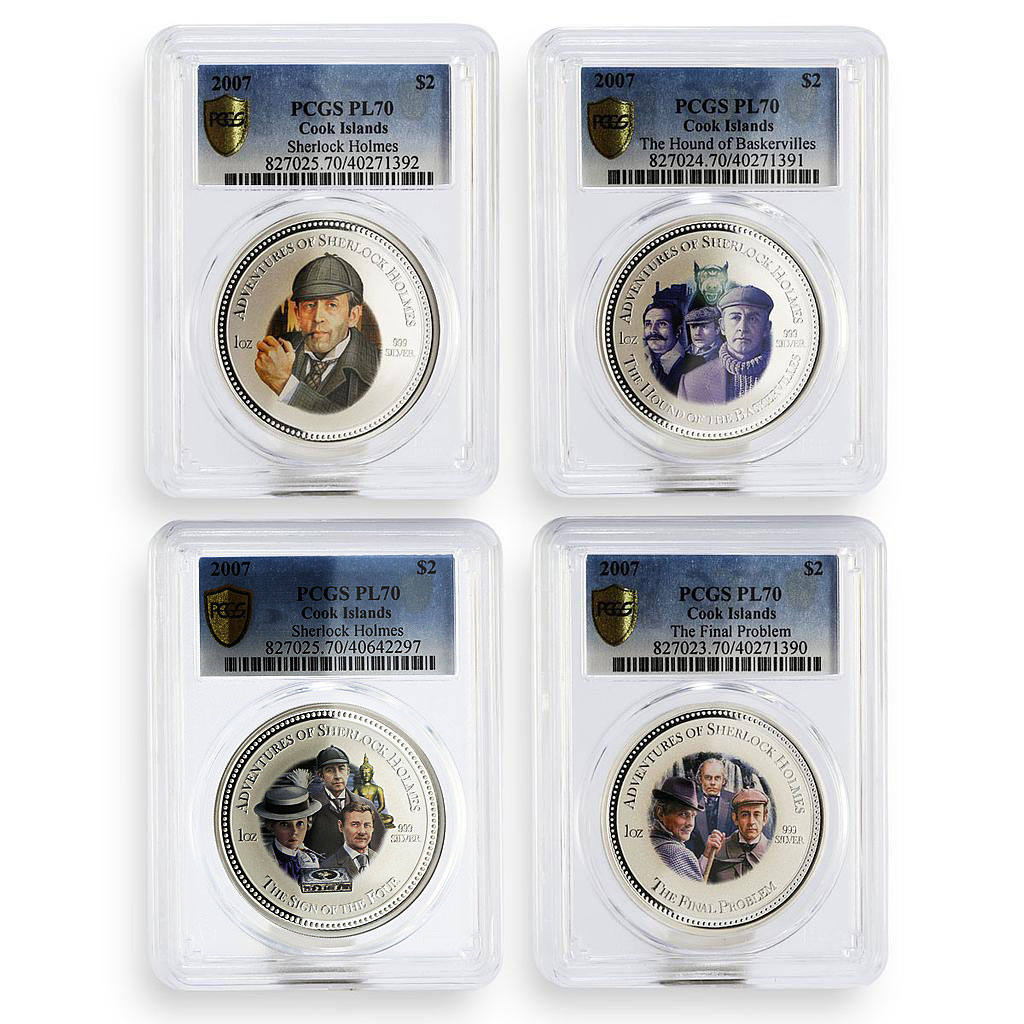 Cook Islands set of 4 coins Sherlock Holmes PL70 PCGS silver coin 2007