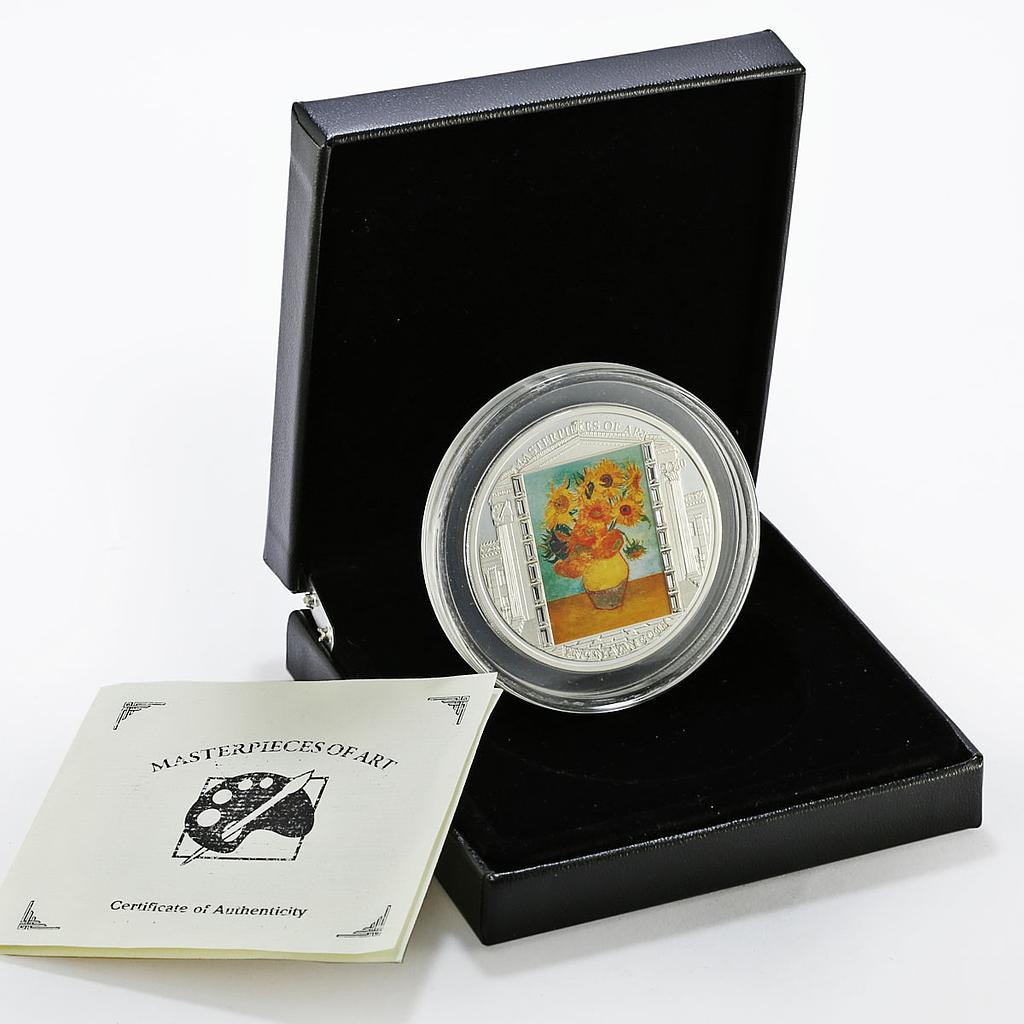 Cook Islands 20 dollars Vincent van Gogh Sunflowers Art colored silver coin 2010