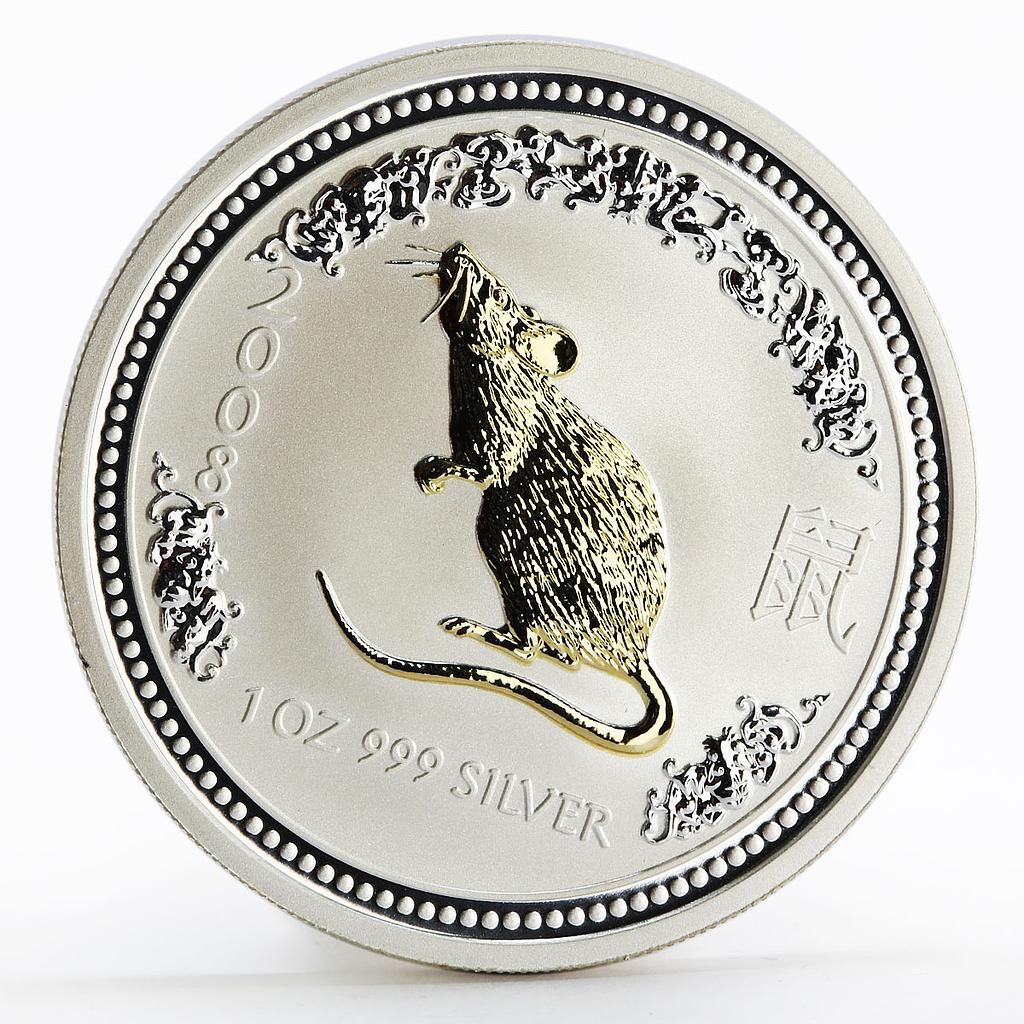 Australia 1 dollar Year of the Mouse 2008 Lunar Series I gilded silver