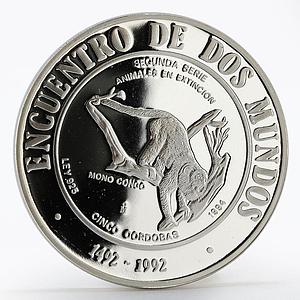 Nicaragua 5 cordobas Ibero American series II Congo Monkey silver coin 1994