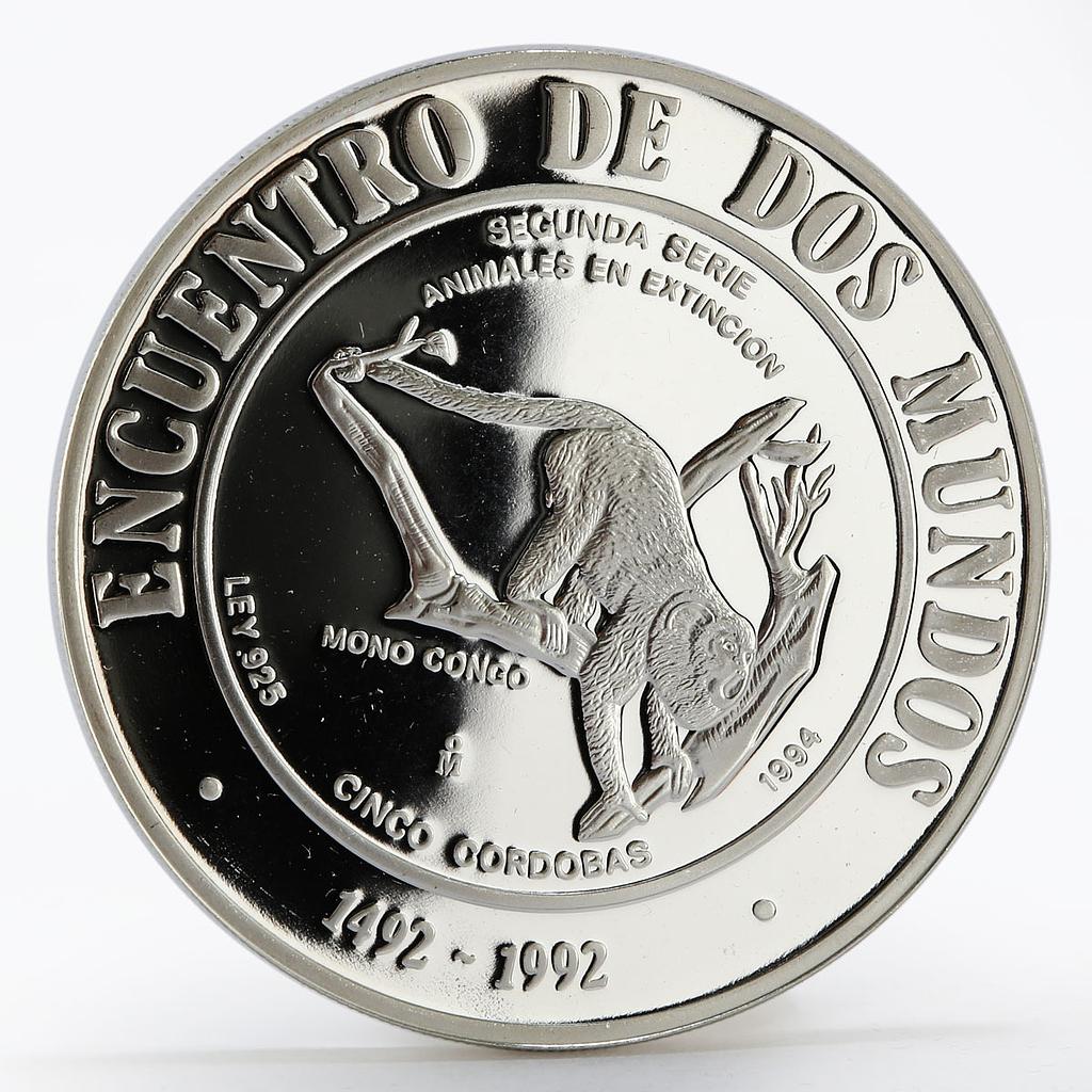Nicaragua 5 cordobas Ibero American series II Congo Monkey silver coin 1994