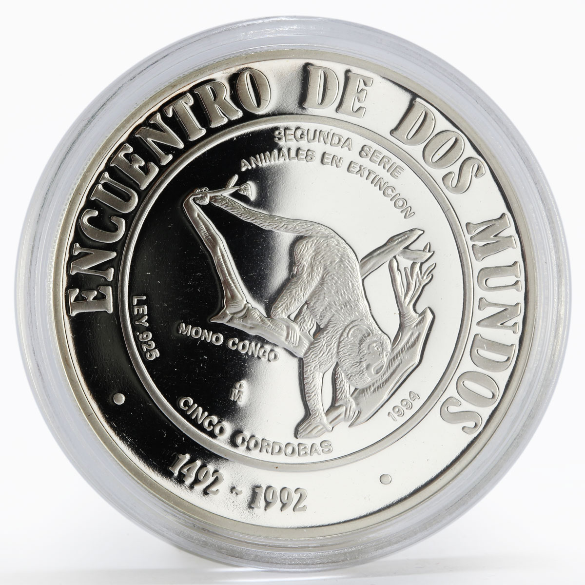 Nicaragua 5 cordobas Ibero American series II Congo Monkey silver coin 1994