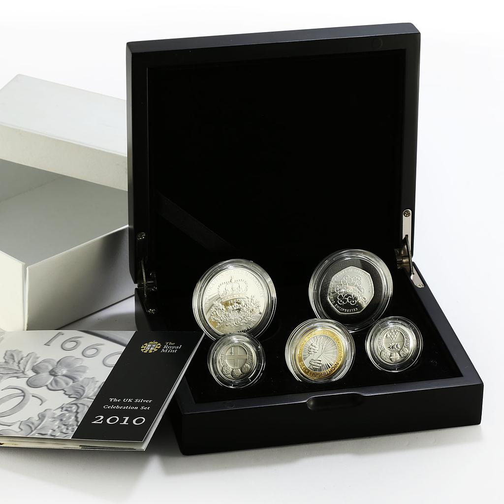 Great Britain set of 5 coins The UK Silver Celebration proof silver coins 2010