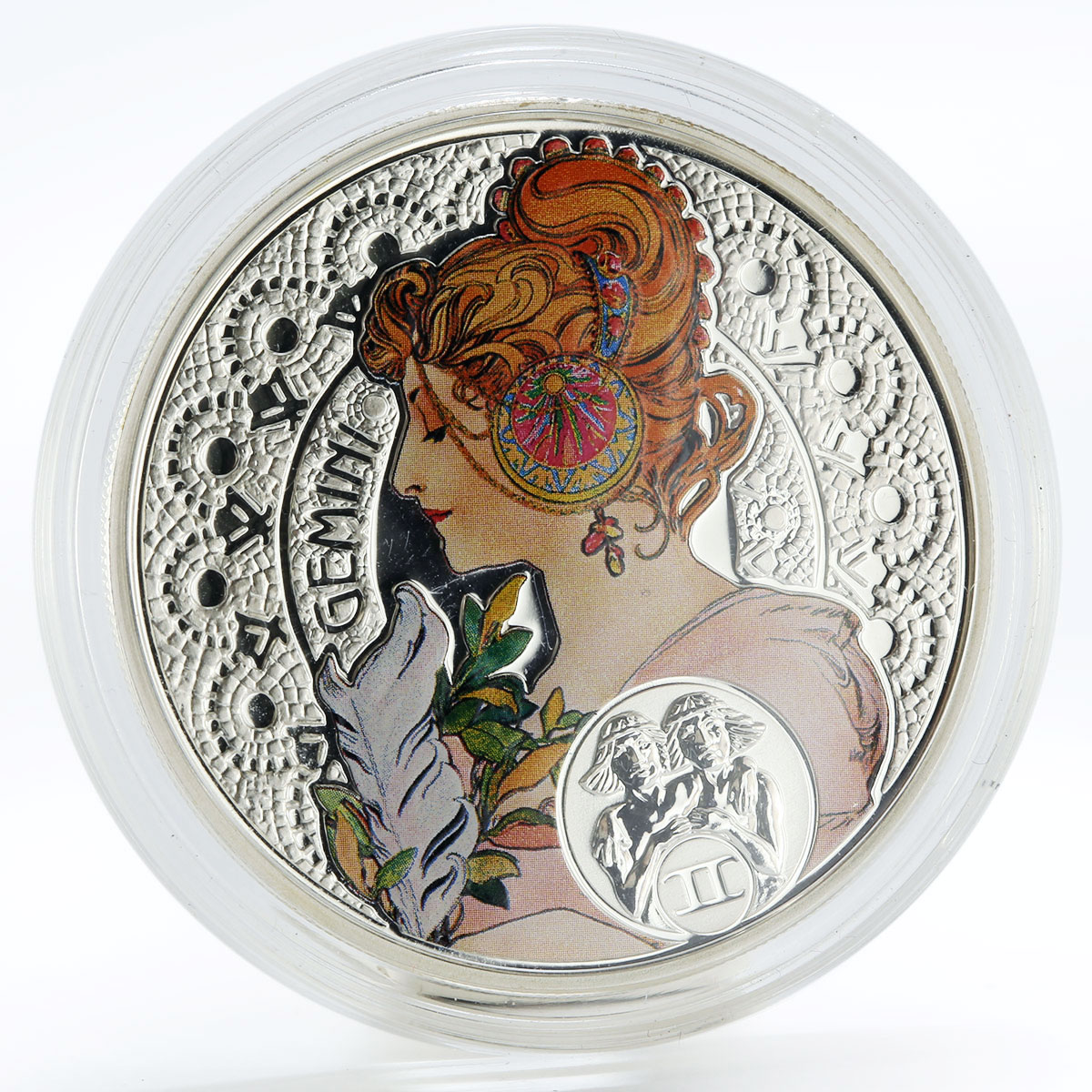 Niue 1 dollar A. Mucha Zodiac series Gemini colored proof silver coin 2011