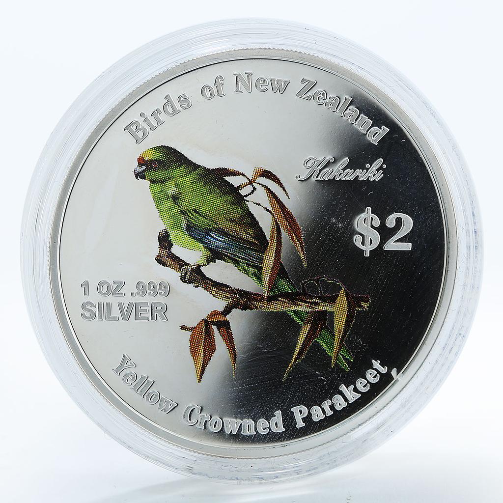 Cook Islands 2 dollars Kakariki Birds of New Zealand color silver coin 2005