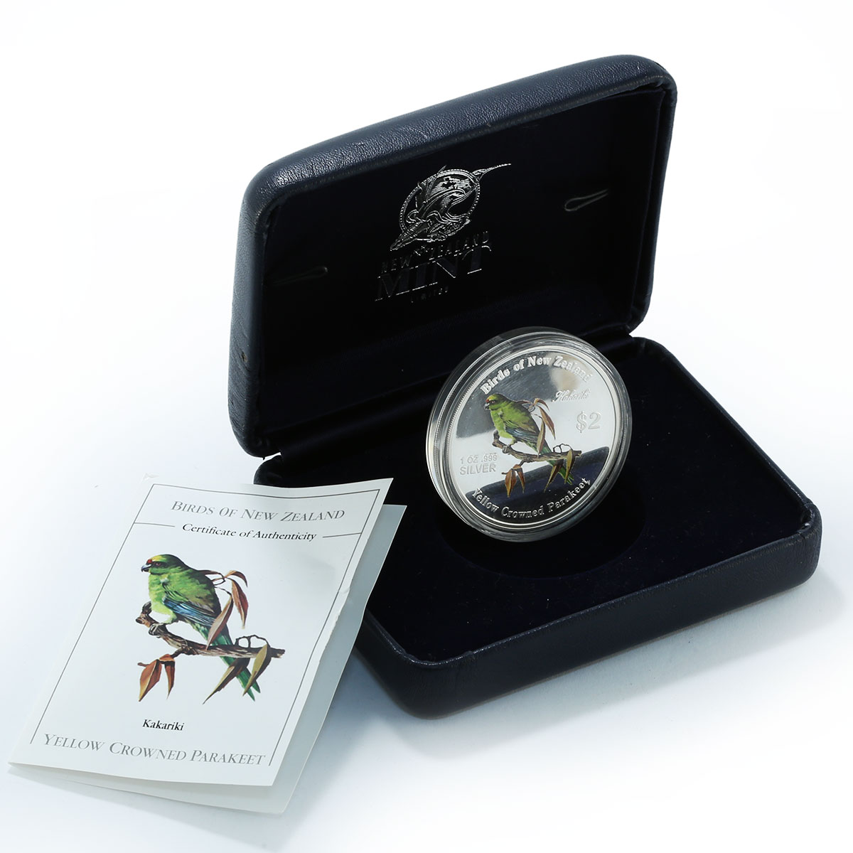 Cook Islands 2$ Kakariki Birds of New Zealand coloured proof silver coin 2005