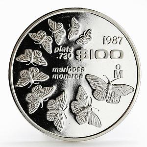 Mexico 100 pesos Monarch Butterflies Fauna proof silver coin 1987