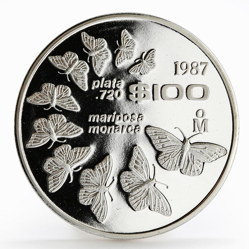 Mexico 100 pesos Monarch Butterflies Fauna proof silver coin 1987