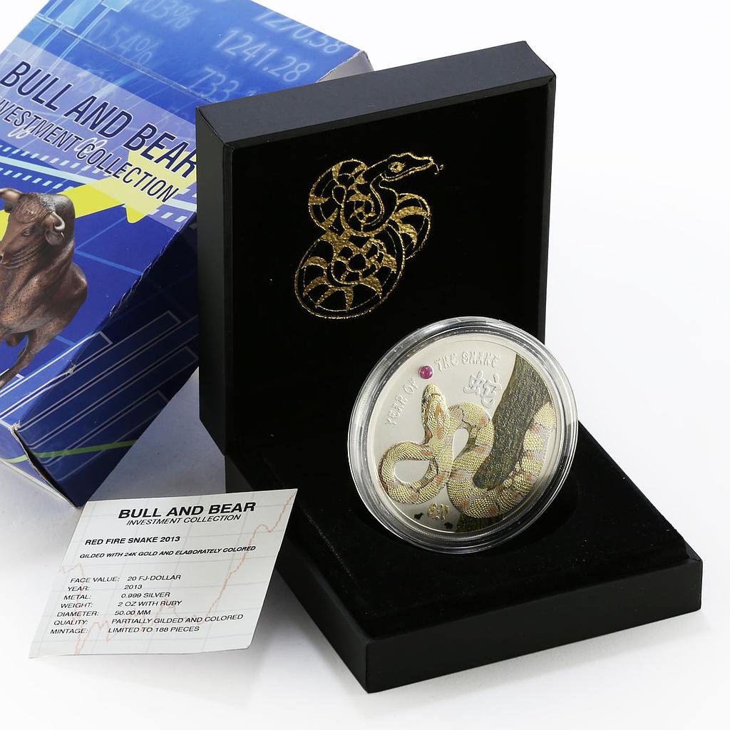 Fiji 20 Dollars Bull and Bear series Red Fire Snake gilded silver coin 2013