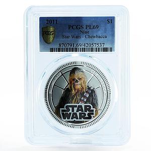 Niue 1 dollar Star Wars series Chewbacca PL69 PCGS silverplated coin 2011