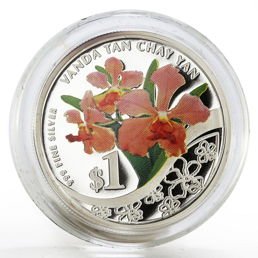 Singapore 1 dollar Vanda Tan Chay Yan Orchid colored proof silver coin 2011