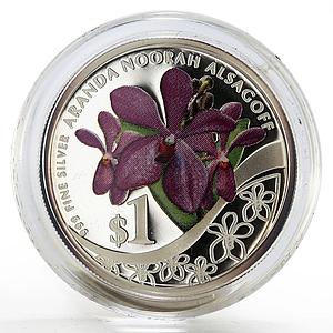 Singapore 1 dollar Aranda Noorah Alsadoff Orchid colored proof silver coin 2011