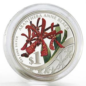 Singapore 1 dollar Aranthera Anne Black Orchid colored proof silver coin 2011