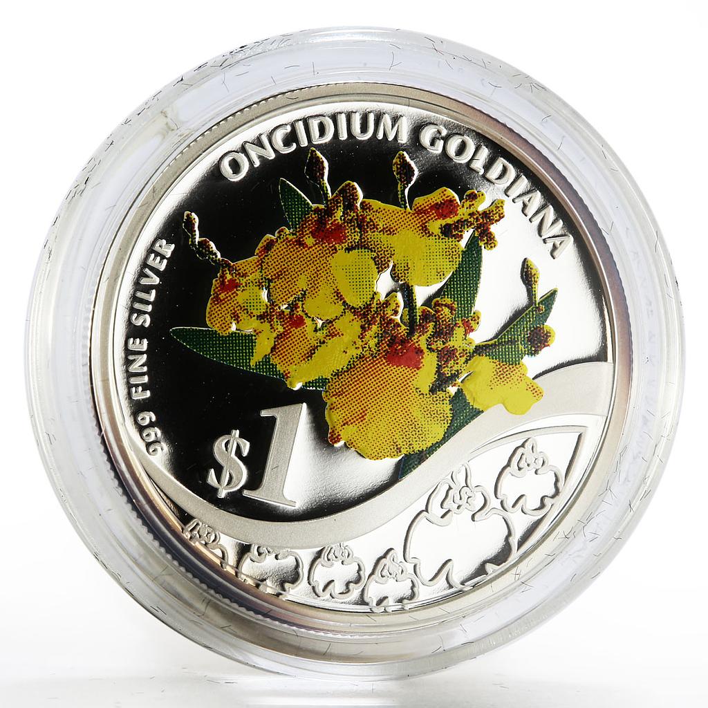 Singapore 1 dollar Oncidium Goldiana Orchid colored proof silver coin 2011