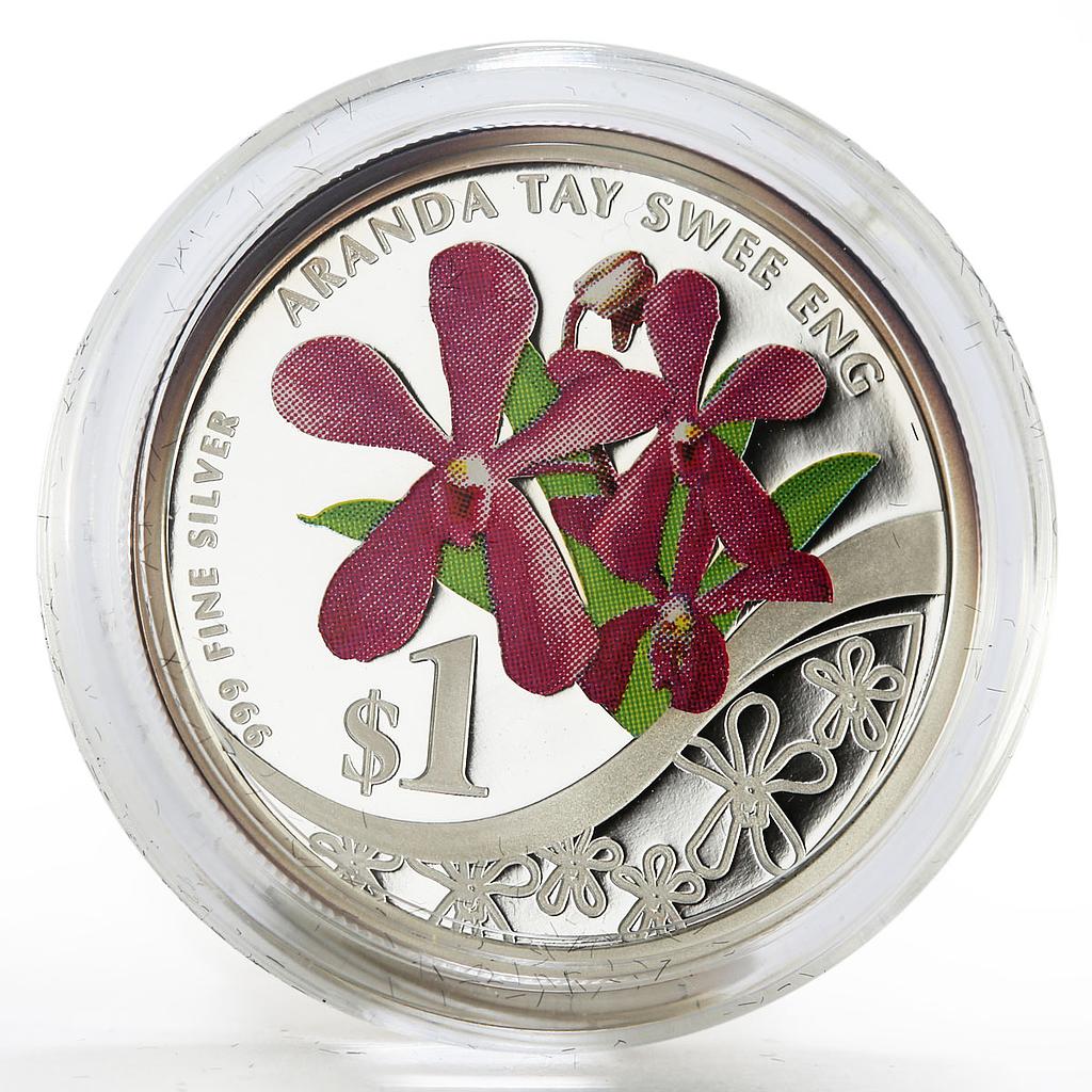 Singapore 1 dollar Aranda Tay Swee Eng Orchid colored proof silver coin 2011