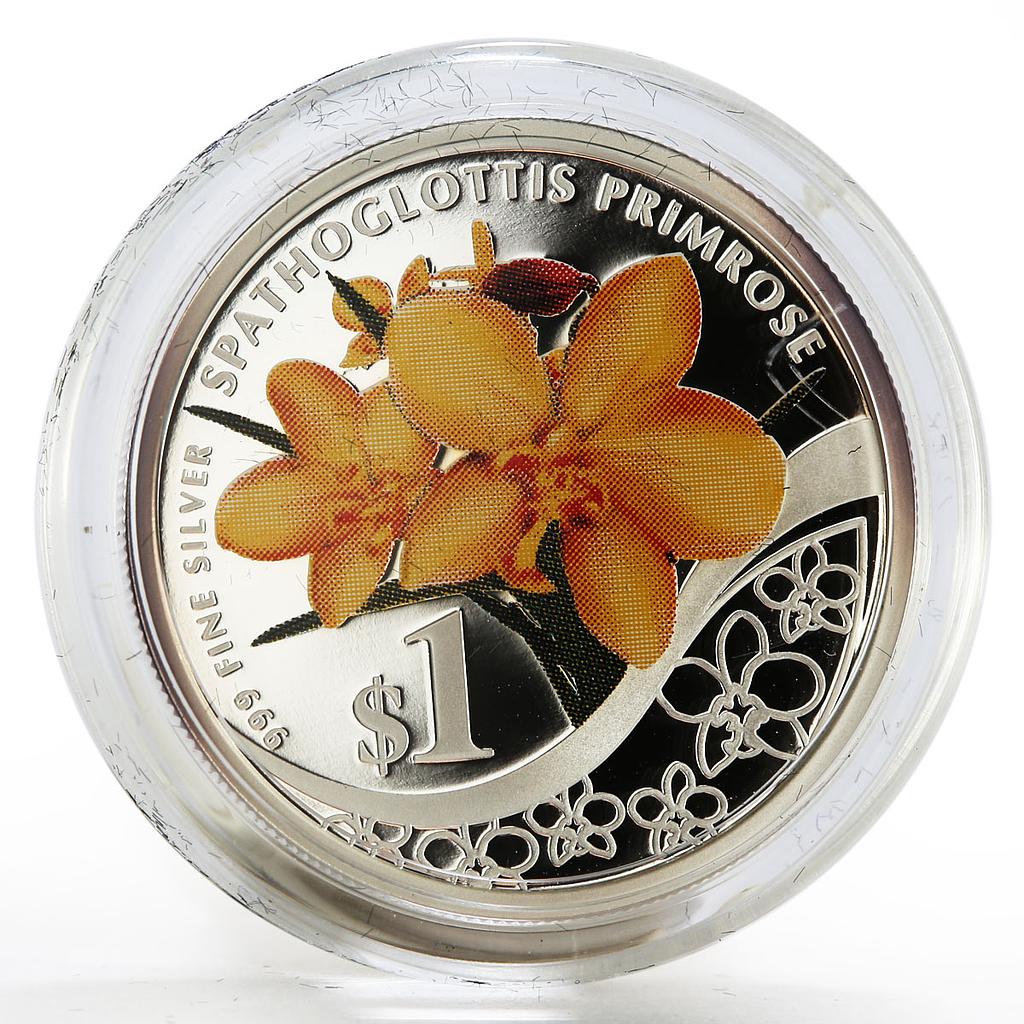 Singapore 1 dollar Spathoglottis Primrose Orchid colored proof silver coin 2011