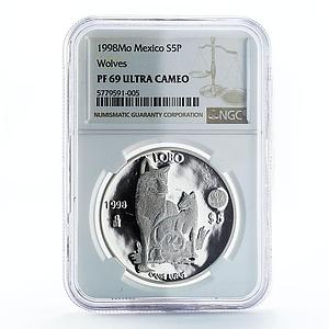 Mexico 5 pesos World Wildlife Fund Wolf Lobo PF69 NGC proof silver coin 1998