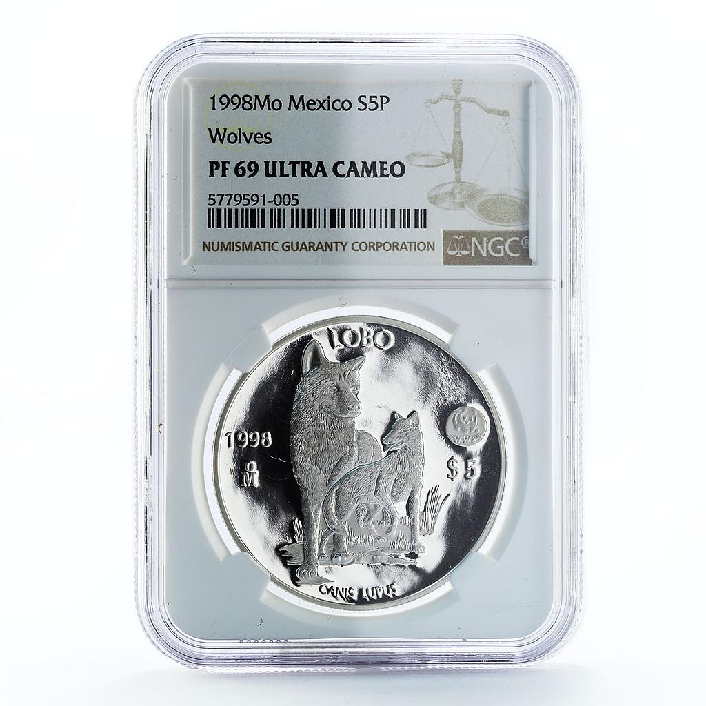 Mexico 5 pesos World Wildlife Fund Wolf Lobo PF69 NGC proof silver coin 1998
