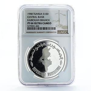 Tunisia 10dinars 30th Anniversary of Central Bank Kairouan PF67 NGC Ag coin 1988
