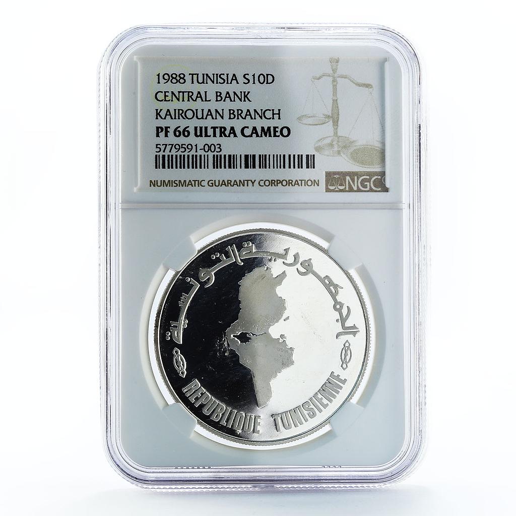 Tunisia 10dinars 30th Anniversary of Central Bank Kairouan PF67 NGC Ag coin 1988