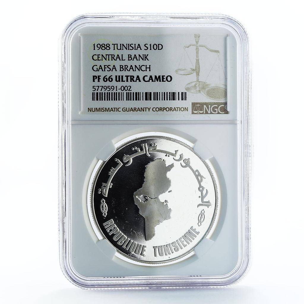 Tunisia 10 dinars 30 Anniversary of Central Bank Gafsa PF66 NGC silver coin 1988