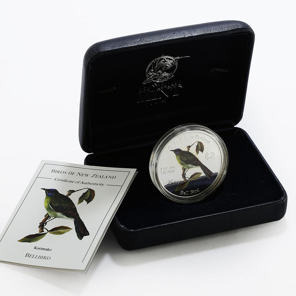 Cook Islands 2 dollars New Zealand Birds The Bellbird colored silver coin 2005