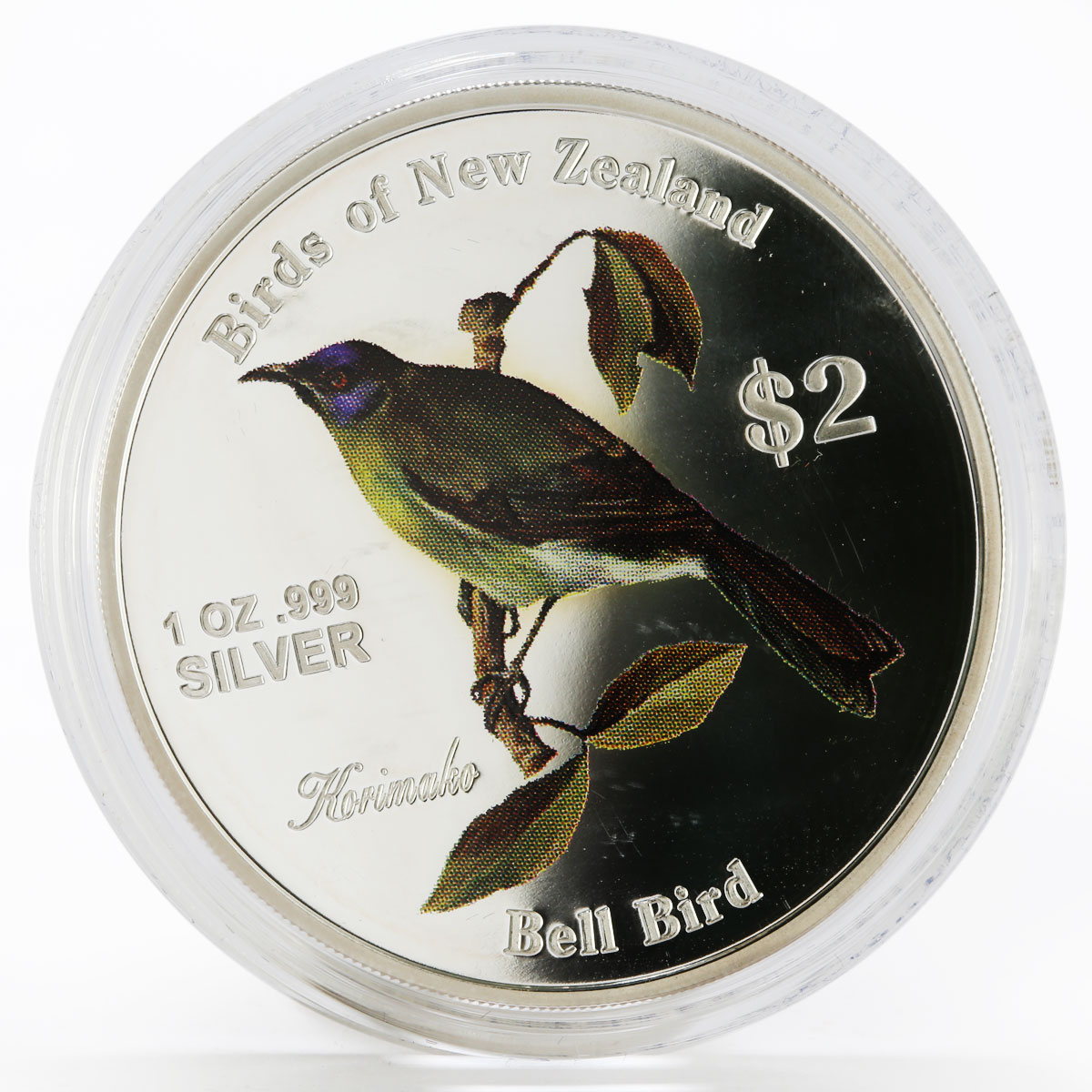 Cook Islands 2 dollars New Zealand Birds The Bellbird colored silver coin 2005