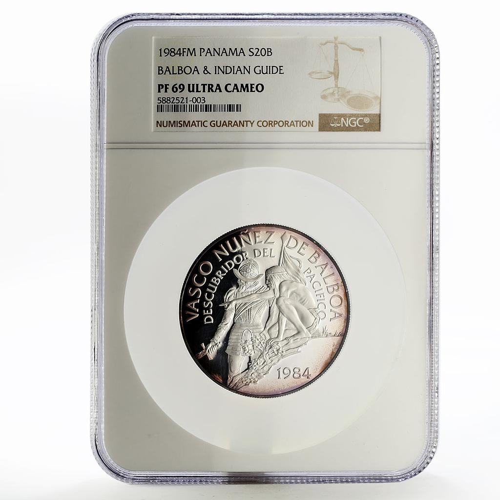 Panama 20 balboas Vasco Nunez de Balboa PF69 NGC silver coin 1984