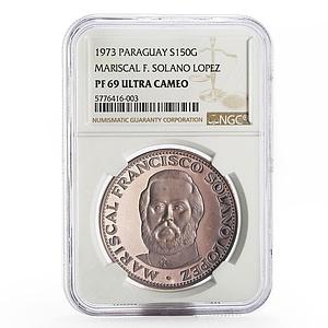 Paraguay 150 guaranies Francisco Solano Lopez arms PF-69 NGC silver coin 1973