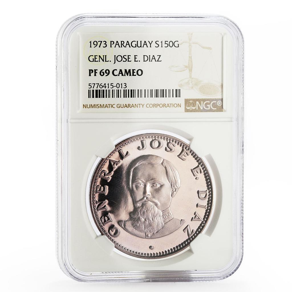 Paraguay 150 guaranies General Jose E. Diaz PF69 NGC silver coin 1973