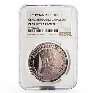 Paraguay 150 guaranies Bernardino Caballero PF-69 NGC silver coin 1973