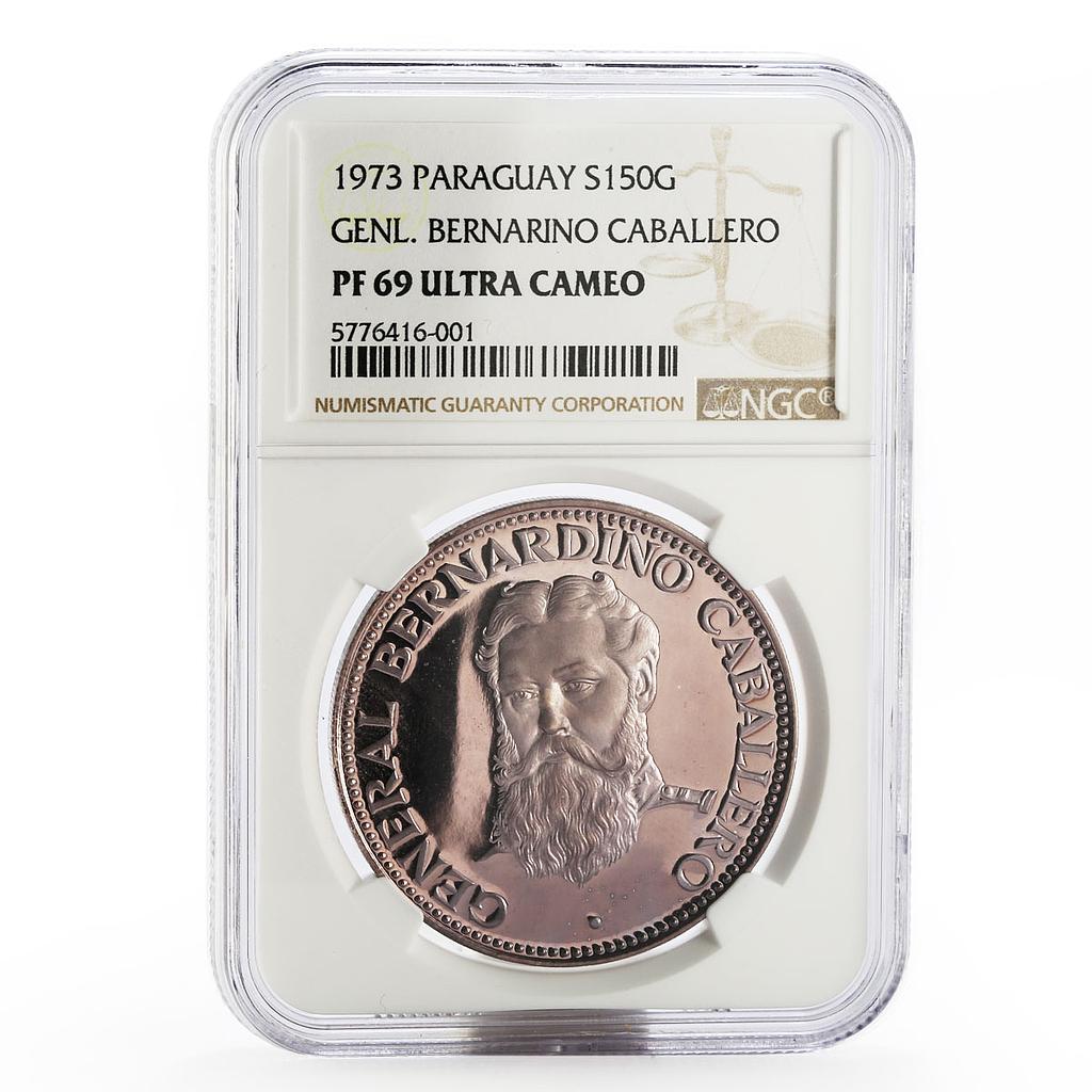Paraguay 150 guaranies Bernardino Caballero PF-69 NGC silver coin 1973