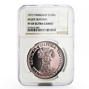 Paraguay 150 guaranies Mujer Sentada Cultura Teotihuacana PF-69 NGC coin 1973