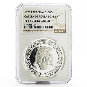 Paraguay 150 guaranies Cabeza Figura Sonrient PF67 NGC silver coin 1973