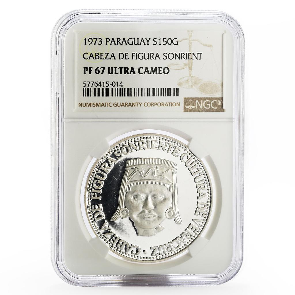 Paraguay 150 guaranies Cabeza Figura Sonrient PF67 NGC silver coin 1973