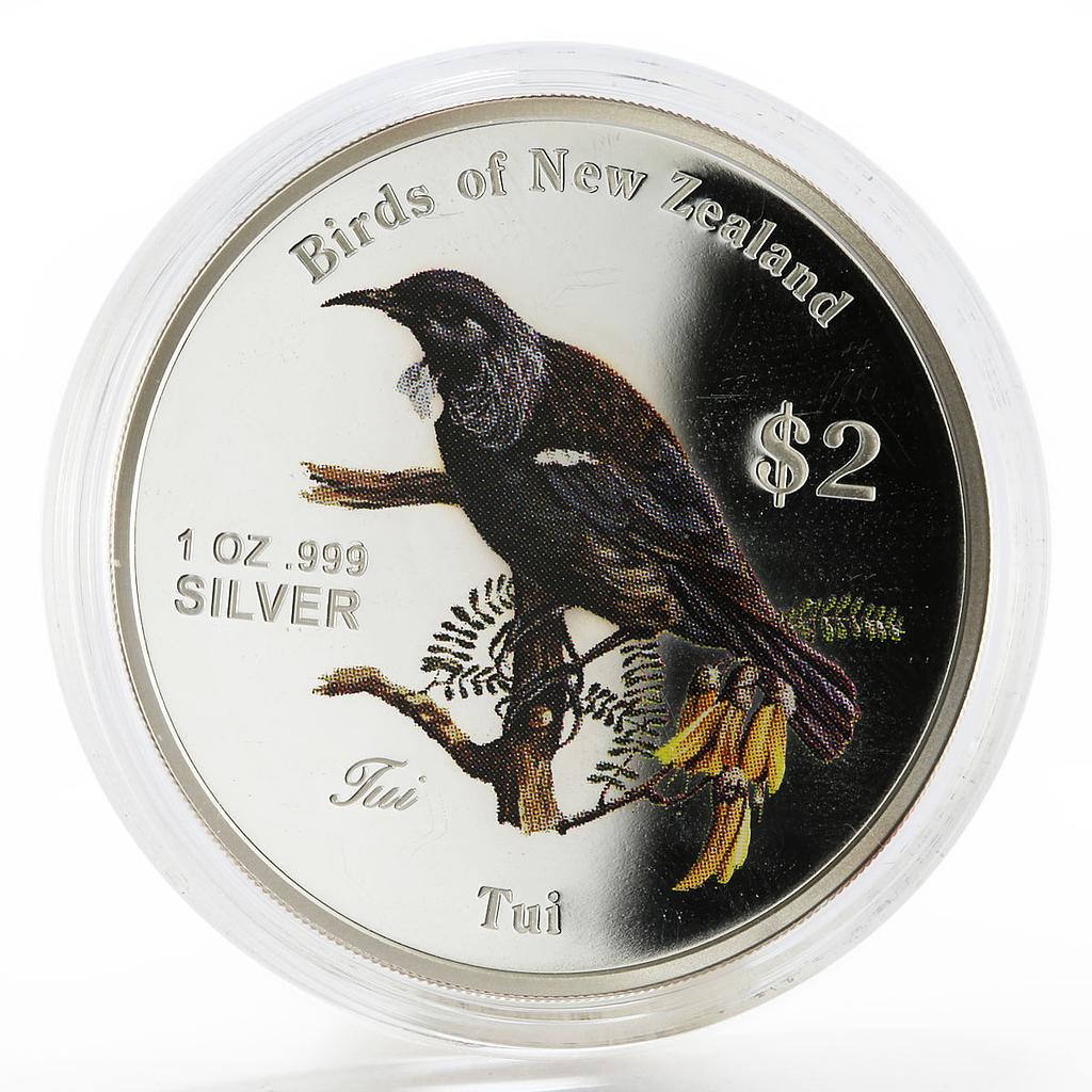 Cook Islands 2 dollars New Zealand Birds Tui Bird colored proof silver coin 2005