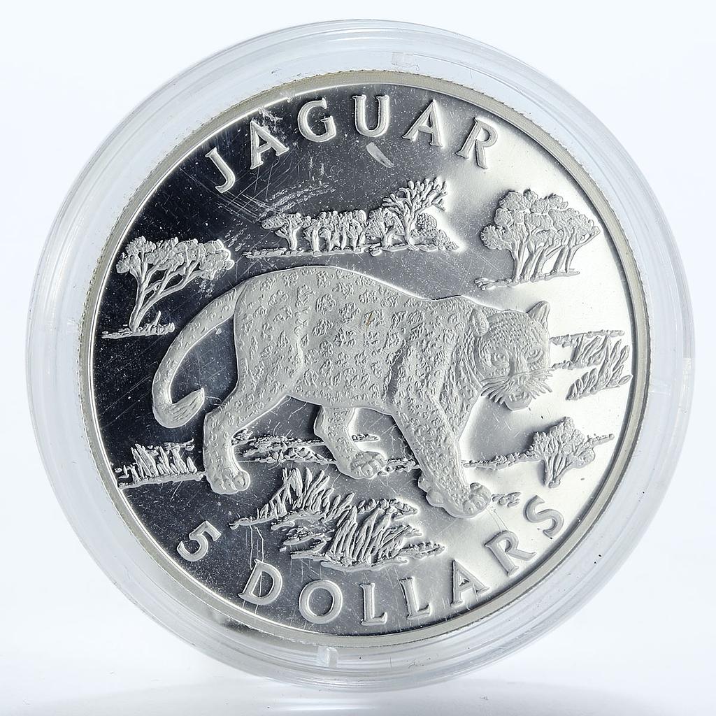 Cook Islands 5 dollars Wildlife Jaguar proof silver coin 2002