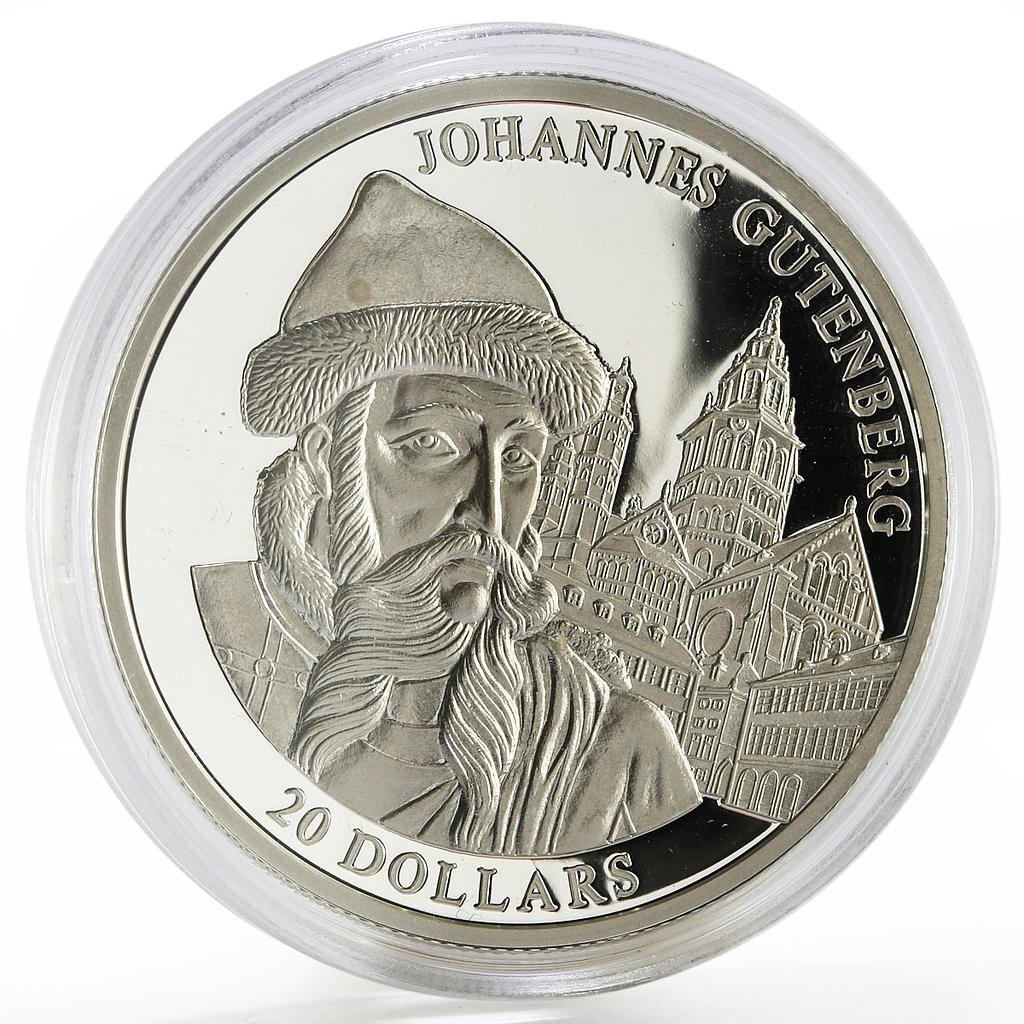 Liberia 20 dollars Johannes Gutenberg The First Book Printer silver coin 2004