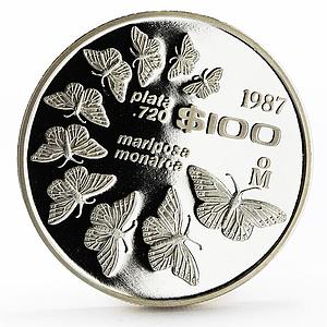 Mexico 100 pesos Monarch Butterflies Fauna proof silver coin 1987