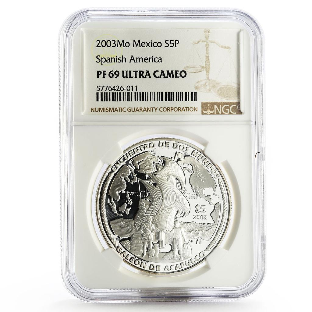 Mexico 5 pesos Acapulco Galleon Ibero-America PF-69 NGC proof silver coin 2003