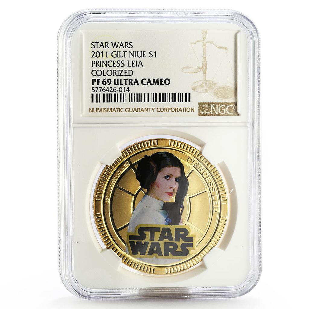 Niue 1 dollar Star Wars Princess Leia Organa Alliance PF69 NGC gilded coin 2011